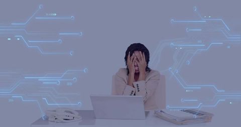 Frustrated Professional at Office with Digital Overlay