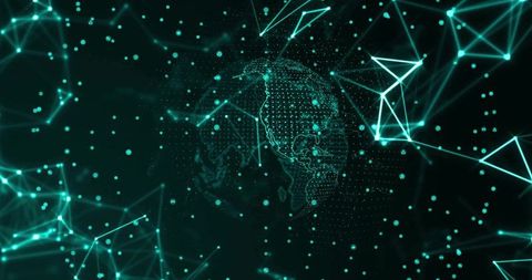 Rotating Teal Digital Globe Connecting via Neon Network Mesh with Glowing Nodes