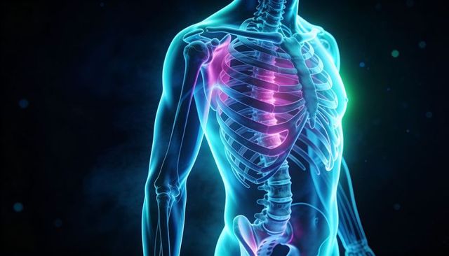 Glowing translucent torso highlighting rib cage and spine with magenta hotspots