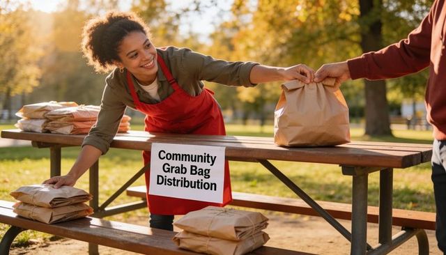 Smiling volunteer handing grab bag at outdoor community distribution in autumn park