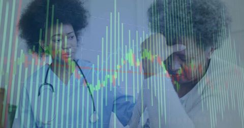 Nurse comforting distressed older patient with stock market charts overlaying scene