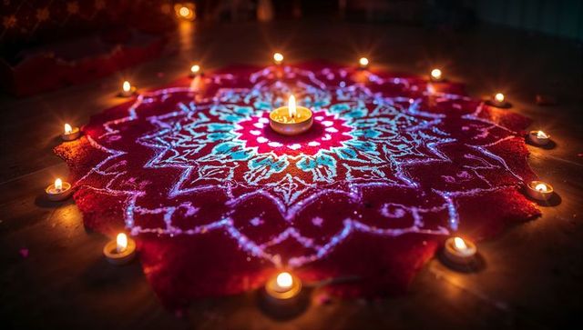 Beautiful rangoli art with diyas and candles celebrating diwali