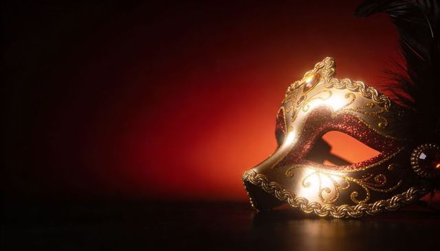 Gilded venetian masquerade mask resting on dark surface with red bokeh background