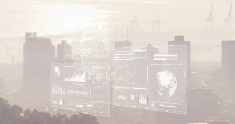 Hazy coastal skyline with augmented reality dashboard overlay showing global data