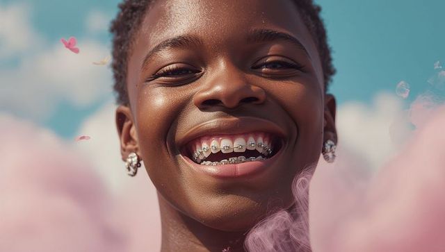 Smiling girl with braces surrounded by cotton candy sky
