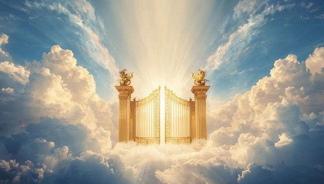 Ornate golden gates rising through sunlit clouds with fluted columns