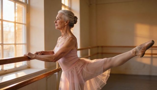 Senior ballerina practicing at barre in pink leotard performing elegant pointe extension