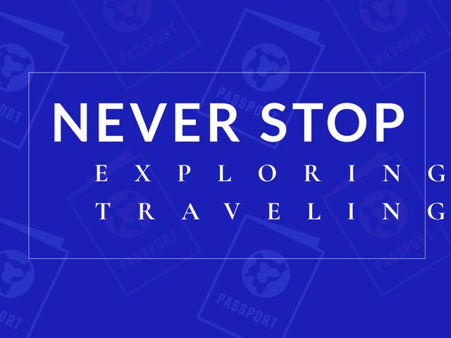 Bold typography with an inspirational quote encouraging exploration and travel. Featuring passport stamps as background elements, perfect for travel agencies, vacation promotion, travel blogs, and social media content aimed at inspiring wanderlust.