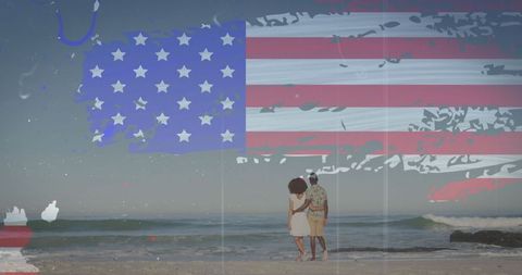 Couple Walking on Beach with American Flag Glitch Art