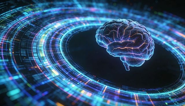 Glowing neural brain hologram hovering inside neon data rings representing ai intelligence