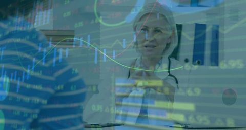Doctor consulting patient with stock market overlay, healthcare data visualization concept
