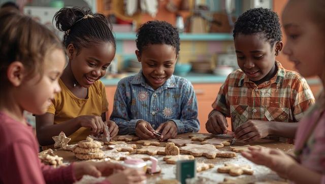 Joyful Children Baking Together at Home Kitchen Table