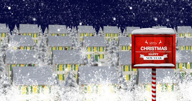 This image captures a festive mailbox in a snowy village, exuding holiday cheer with a welcoming 'Merry Christmas and Happy New Year' sign. Snowflakes gently falling from the dark night sky enhance the winter wonderland atmosphere. Perfect for holiday greeting cards, festive advertisements, seasonal blog posts, and winter-themed promotional materials.