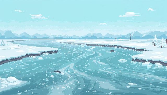 Flowing teal-blue frozen river winding through winter pixel art arctic valley
