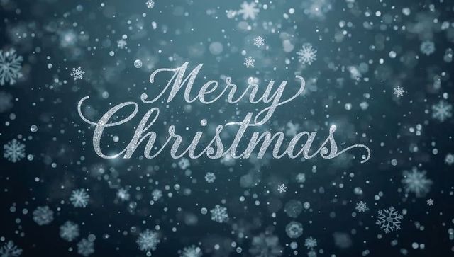 Silver glitter merry christmas calligraphy on teal-navy snowflake bokeh backdrop