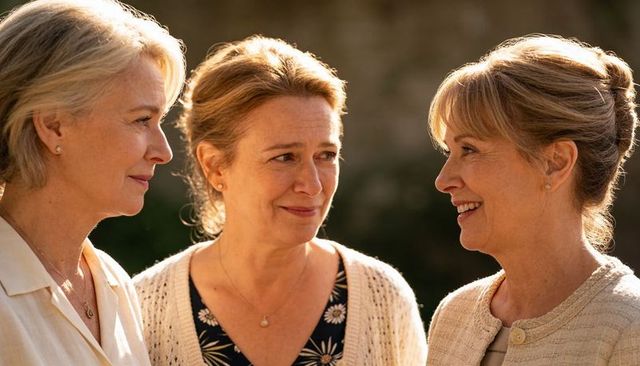 Sunlit golden-hour conversation among three mature women wearing cardigans and pendants