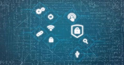 Cybersecurity Icons with Blueprint Overlay on Blue Background