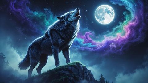 Howling werewolf under full moon amidst cosmic clouds in wilderness