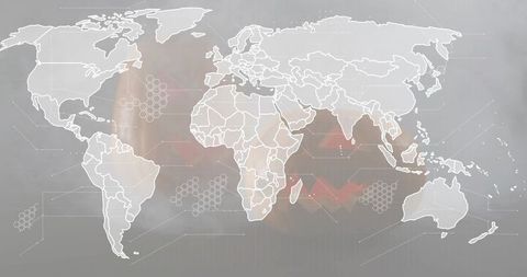Global data visualization showing white outline world map with red heatmap and network nodes