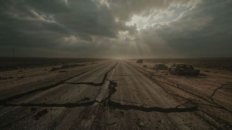Rugged highway earthquake stretching through desolate arid desert landscape