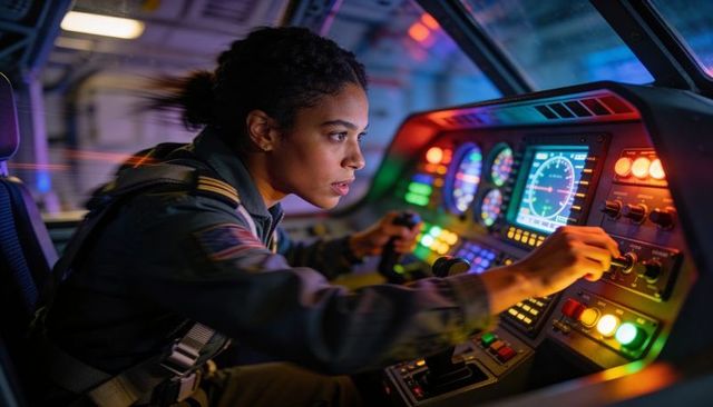 Female pilot adjusting controls while piloting high-tech aircraft cockpit