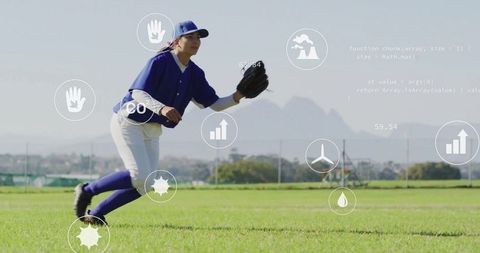 Baseball Player in Blue Jersey Fielding with Data Visualizations