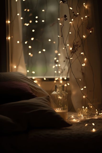 Bedroom decorated with strings of fairy lights, created using generative ai technology - Download Free Stock Photos Pikwizard.com