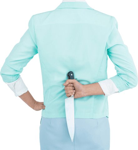 Businesswoman in blue blazer holding hidden knife transparent background