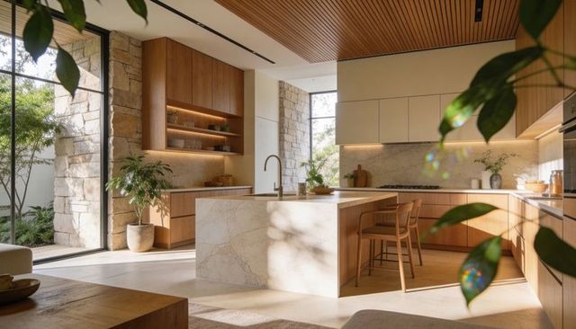 Sunlit marble island anchoring modern open-plan kitchen with wooden stools and stone wall
