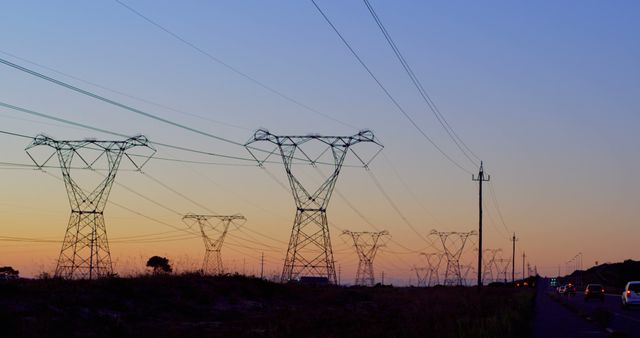 The photo depicts the harmony of technology and nature at dusk with pylons and traffic. - Download Free Stock Photos Pikwizard.com