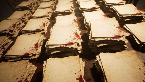Stacked aged parchment with blood-like stains on wooden table under dramatic light