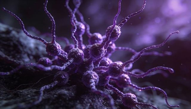 Purple microscopic nodes sending filamentous tendrils across textured surface close-up