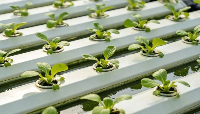 Greenhouse hydroponic lettuce seedlings sprouting in white pvc channels with net pots