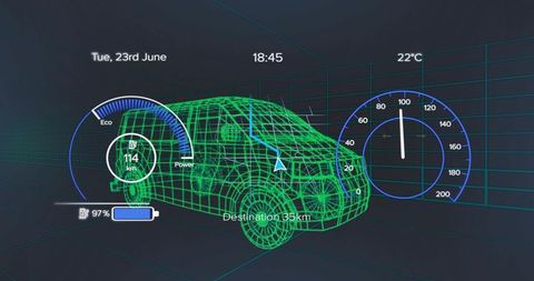 3d wireframe car with futuristic dashboard interface