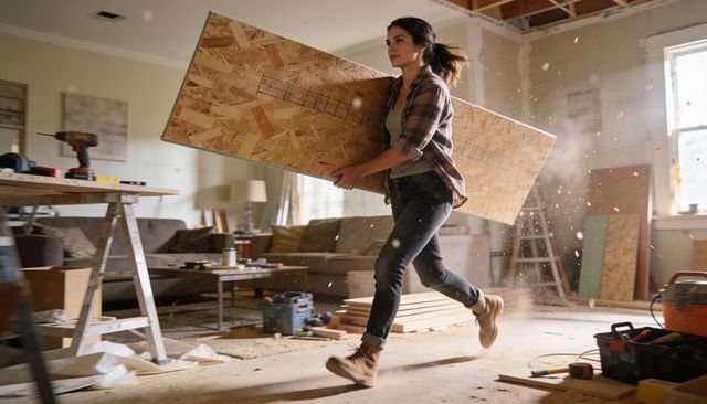 Young woman carrying osb panel during fast-paced home renovation