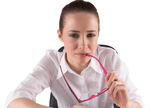 Transparent businesswoman biting glasses contemplating decision