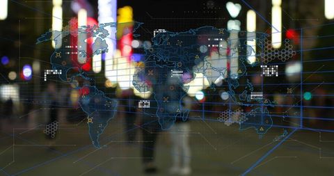 Digital World Map Overlay on Urban Nightscape Reflects Future Tech