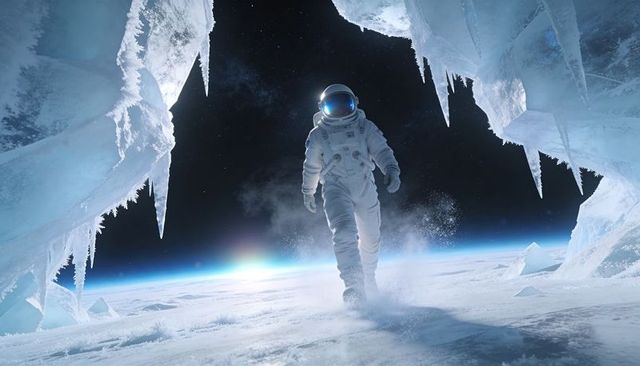 Astronaut exiting icy cavern toward sunrise over frozen planet horizon with visor glow