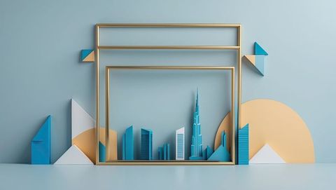 Abstract geometric cityscape in golden frames on pastel background