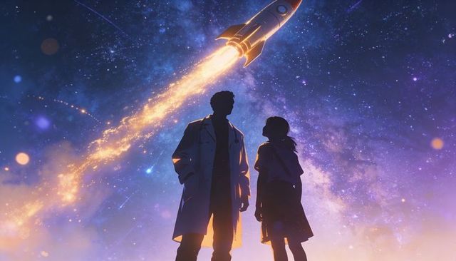 Silhouetted guardian and child stargazing while rocket ascending through milky way