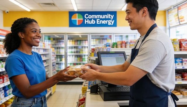 Smiling cashier handing packaged pastry to customer at convenience store checkout