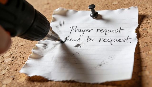 Electric drill puncturing prayer request note on corkboard with pushpin and ink splatter