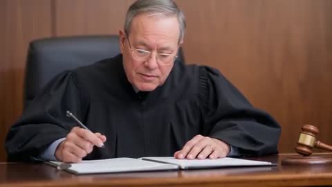 Judge Signing Court Documents at Bench Reviewing Ledger with Gavel