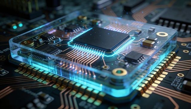 Transparent module with glowing central chip illuminating neon-blue PCB and copper traces