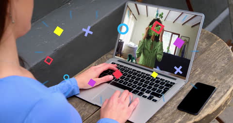 Video Call with Animated Media Icons on Laptop Screen