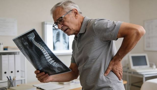 Senior man examining spinal x-ray while holding lower back in medical clinic