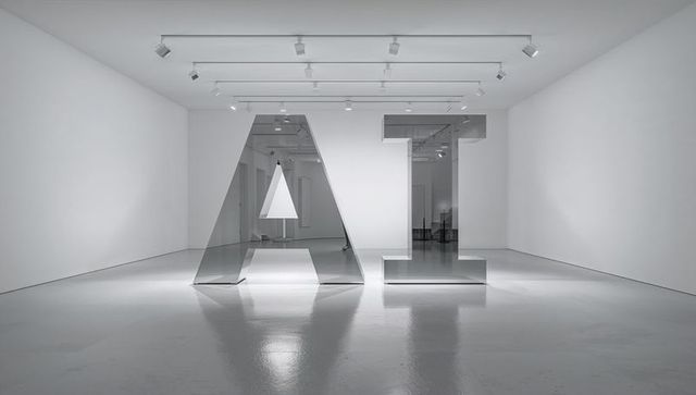 Mirrored AI Sculpture in Minimalist Gallery Featuring Suspended Triangle Inside Letter A