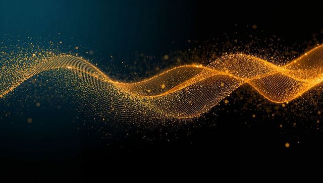 Flowing golden particle ribbon undulating across dark digital backdrop