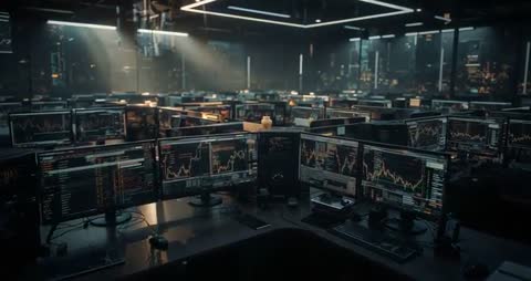 Dynamic View of Modern Trading Floor with Interactive Stock Monitors