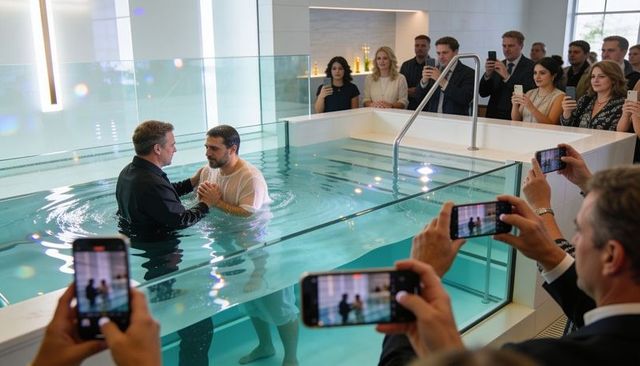 Indoor baptism ceremony in glass pool with congregation recording on smartphones